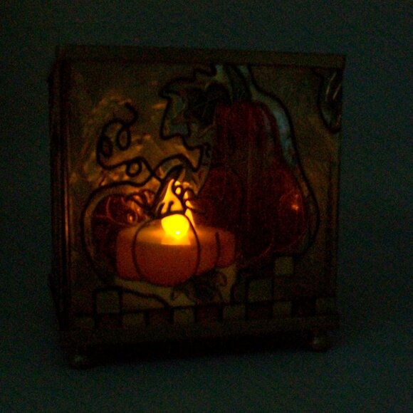 Harvest Pumpkins Stain Glass Footed Tealight Votive Holder - Picture 7 of 7